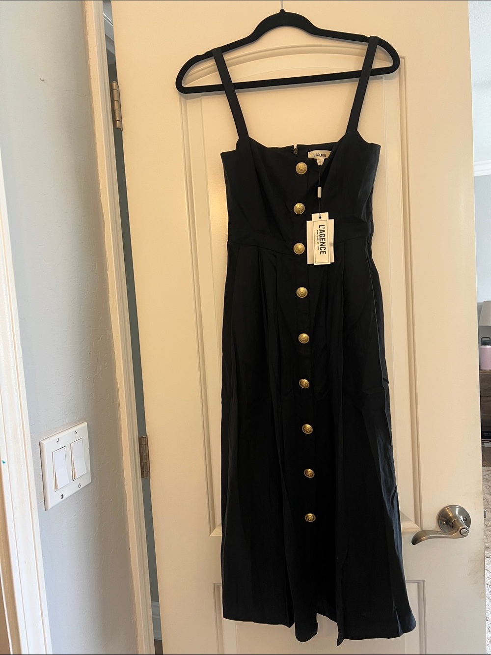 L'AGENCE Black Maxi Dress with Gold Buttons - Picture 1 of 3